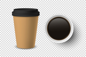 Vector 3d Realistic Brown Disposable Closed and Opened Paper, Plastic Coffee Cup for Drinks with Black Lid Set Closeup Isolated on Transparent Background. Design Template, Mockup. Top and Front View