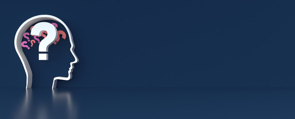 question mark in Human Head outline in front of a color wall background. Business support concept