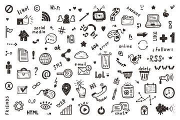 Social Media Icons Vector Set. Hand Drawn Doodle Web Site Signs and Symbols