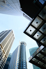 Fototapeta na wymiar low angle view of singapore financial buildings at morning 