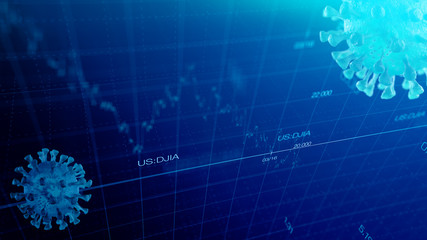 Stock market graph global crisis  couased by corona virus SARS-CoV-2, source of COVID-19 pandemic disease. American market index in march 2020, industry in recession.