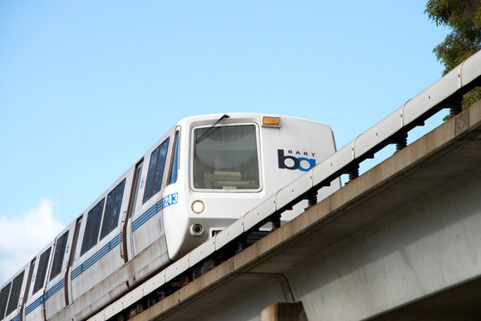 Fruitvale, CA - December 06, 2016: The San Francisco Bay Area Rapid Transit train, referred to as BART, carries commuters to their destinations in San Francisco, the East Bay and San Mateo County.