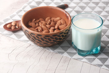 almond, milk on table for breakfast, top view 