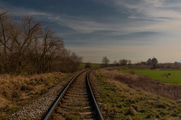Railway track near Kojetice na Morave station in winter sunny day