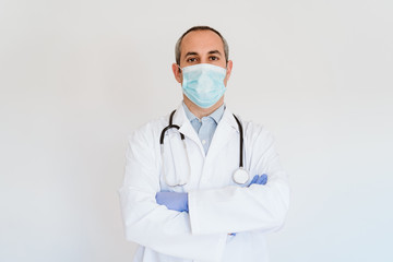 portrait of caucasian doctor using protective gloves and mask. Chinese Corona virus concept. 2019-nCoV