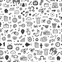 Hand Drawn Doodle Web Site Signs and Symbols. Social Media Icons Vector Seamless Pattern