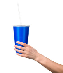 Woman hand holding blue cup isolated on white background