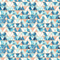 Watercolor hand painted abstract geometric triangle seamless pattern with golden elements - wrapping paper, wallpaper