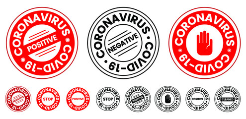 Obraz premium Coronavirus covid-19 red alert seal set. Stamp vector illustration. Positive, negative cleaned or stop message for healty. Pandemic warning, forbidden sign or restricted area.