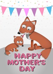 cute baby fox with mum vector illustration of pup and mother character with text happy mothers day