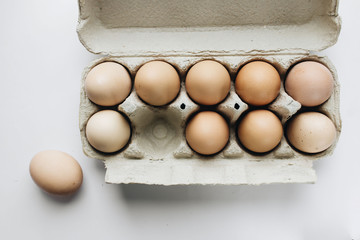 Chicken eggs in cardboard package on white background