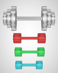 Fitness weights for arms and back muscles exercises, metallic vector set isolated on white background. Body pumping equipment  for healthy lifestyle and bodybuilding. Growing strength and endurance.