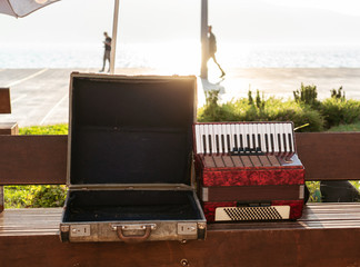 Vintage red accordion with case. Street photo