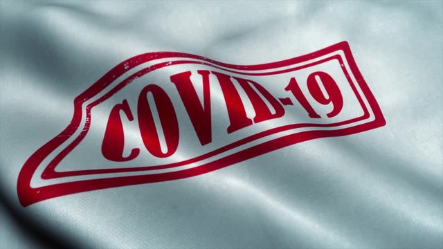 Covid-19 stamp flag waving in the wind. Coronavirus outbreak concept. Sign of Coronavirus