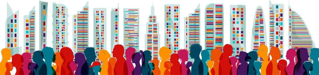 Diversity people. Population. Different multiethnic people of different ages. Groups of families. Crowd. Communication. Dialogue. Sharing among many multiracial people. Speak. Crowding