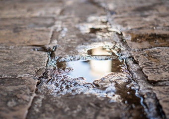 A small puddle on the old pavement