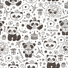 Cute Baby Pandas Vector Seamless pattern. Hand Drawn Doodle Funny Black and White Bamboo Bears. Background for kids.