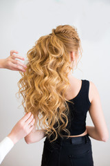 Fototapeta premium Hairdresser makes fashionable beautiful back view hairstyle.