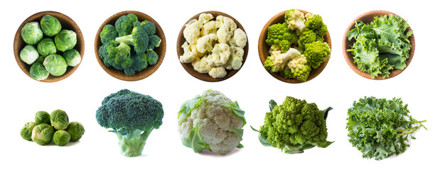 Fototapeta premium Brussels sprouts, broccoli, cauliflower, roman cauliflower and kale leaves in wooden bowl isolated on a white background. Five bowls of cabbage on a white background. Cabbage from different angles.