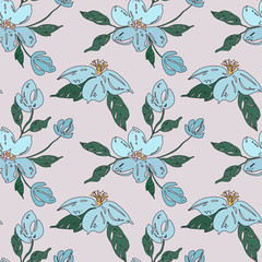 Fototapeta na wymiar Vector pattern of flowers painted with a dry brush. Simple blue flowers on a colored background