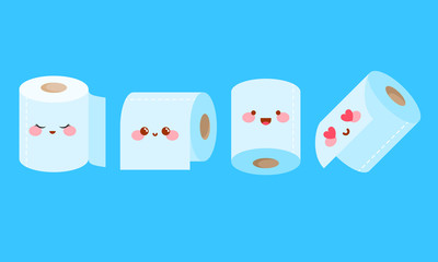 Toilet paper rolls. Set, collection of cartoon rolls of toilet paper. Happy smiling toilet paper character. Vector flat cartoon illustration