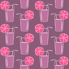 Seamless hand drawn summer pattern. Dark pink background with cool cocktail. The vector illustration on the theme of summer, sun, heat and relaxation.