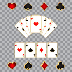 Set of playing cards and symbols with golden outline, vector illustration.
