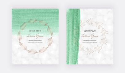 Green watercolor cards with golden wreath. Trendy marble templates for wedding invitation, banner, flyer, poster, greeting.