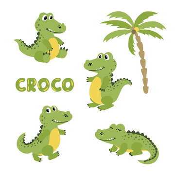 Set of cute cartoon crocodiles. Vector illustration of alligators.