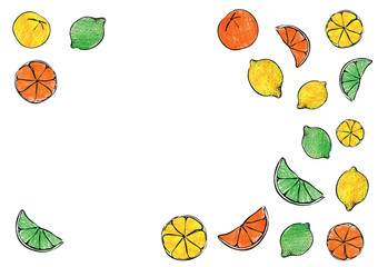 Fototapeta na wymiar Fresh summer crayon hand drawn citrus orange lemon lime fruit candy gelatin border frame ornament illustration. A4 A3 international paper slide poster card with free blank copy space for text