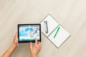 Online medical or pharmacy business template. ordering online medicines on a tablet