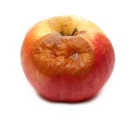 Rotten red apple isolated on white background