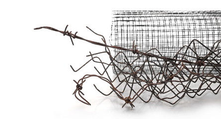 Old metal barbed wire fence protection isolated on white background and texture