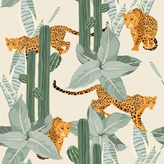 Seamless tropical desert pattern background with leopard, cacti and plants isolated on light background. Perfect for wallpapers, web page backgrounds, surface textures. © Виктор Фесюк