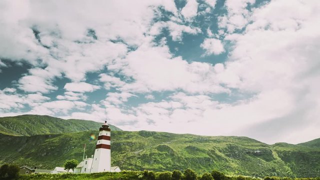 Alnesgard, Godoya, Norway. Old Alnes Lighthouse In Summer Day In Godoy Island Near Alesund Town. Alnes Fyr