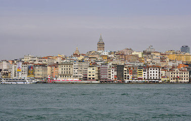 Panoramic view of Istanbul with the Galata tower from a ferry boat, from the Bosphorus 