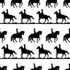 black silhouettes of racing sports horses and riders isolated on a white background, seamless background, pattern for decoration, equestrian sports 