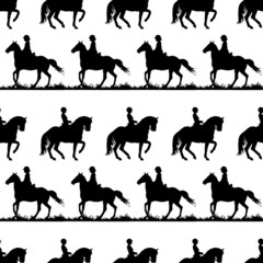black silhouettes of racing sports horses and riders isolated on a white background, seamless background, pattern for decoration, equestrian sports 