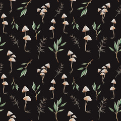 Natural seamless pattern. Watercolor hand drawn texture: mushrooms, tree branches, plants on black background. Woodland wallpaper