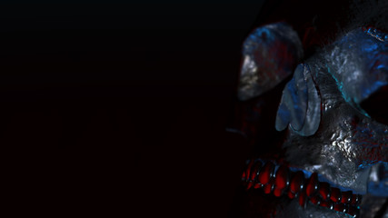 Human skull with dark background. Death, horror, anatomy and halloween symbol. 3d rendering, 3d illustration