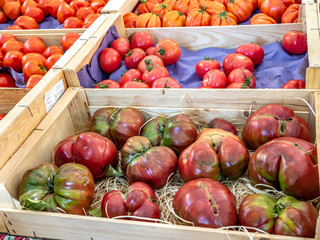 Colorful heirloom tomatoes for sale at French market.