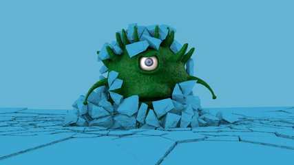 3D rendering of a scary, surprised coronavirus, a green one-eyed dragon flying over a blue surface with rocks on its head. The viral Troll broke the surface and rose above it.