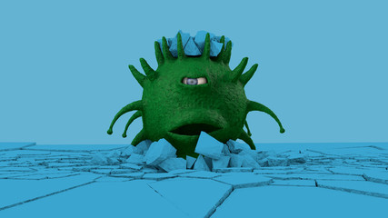 3D rendering of a scary, suspicious-looking coronavirus, a green one-eyed dragon flying over a blue surface with horns on its head. A viral Troll has broken the surface and is looking for a victim.