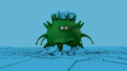 3D rendering of a scary, grinning coronavirus, a green one-eyed dragon flying over a blue surface with horns on its head. The viral Troll broke through the surface and is happy over it.