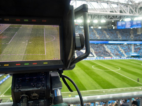 TV at the soccer. Professional digital video camera.