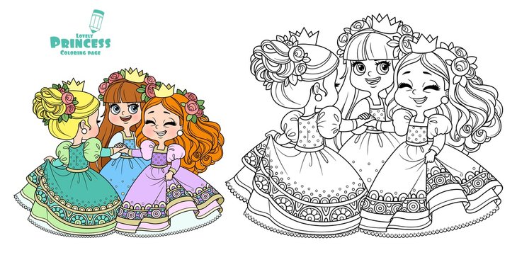 Three cute princesses in wreaths of rose flowers dancing holding hands outlined and color for coloring book