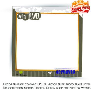 Travel photo booth props. Frame contains icons, such as stamp, gold frame and decorative background. Photobooth vector element. Collection photo booth icon. Concept of a selfie.