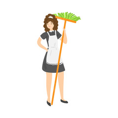 Brown-haired smiling housemaid posing with a mop. Vector illustration in flat cartoon style.