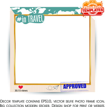 Travel photo booth props. Frame contains icons, such as stamp, gold frame and decorative background. Photobooth vector element. Collection photo booth icon. Concept of a selfie.