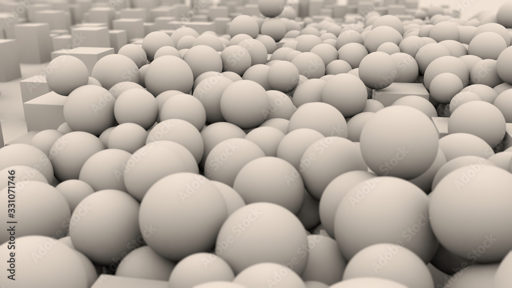 Poster 3d rendering of a set of white balls among cubes and other geometric objects. abstract image for scr